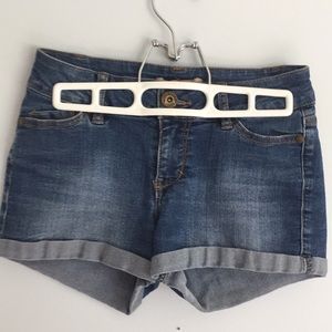 blue denim shorts.